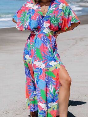 Cupshe Pastel Multicolor Tropical Print Maxi Bright Tropical print,  Smocked , S